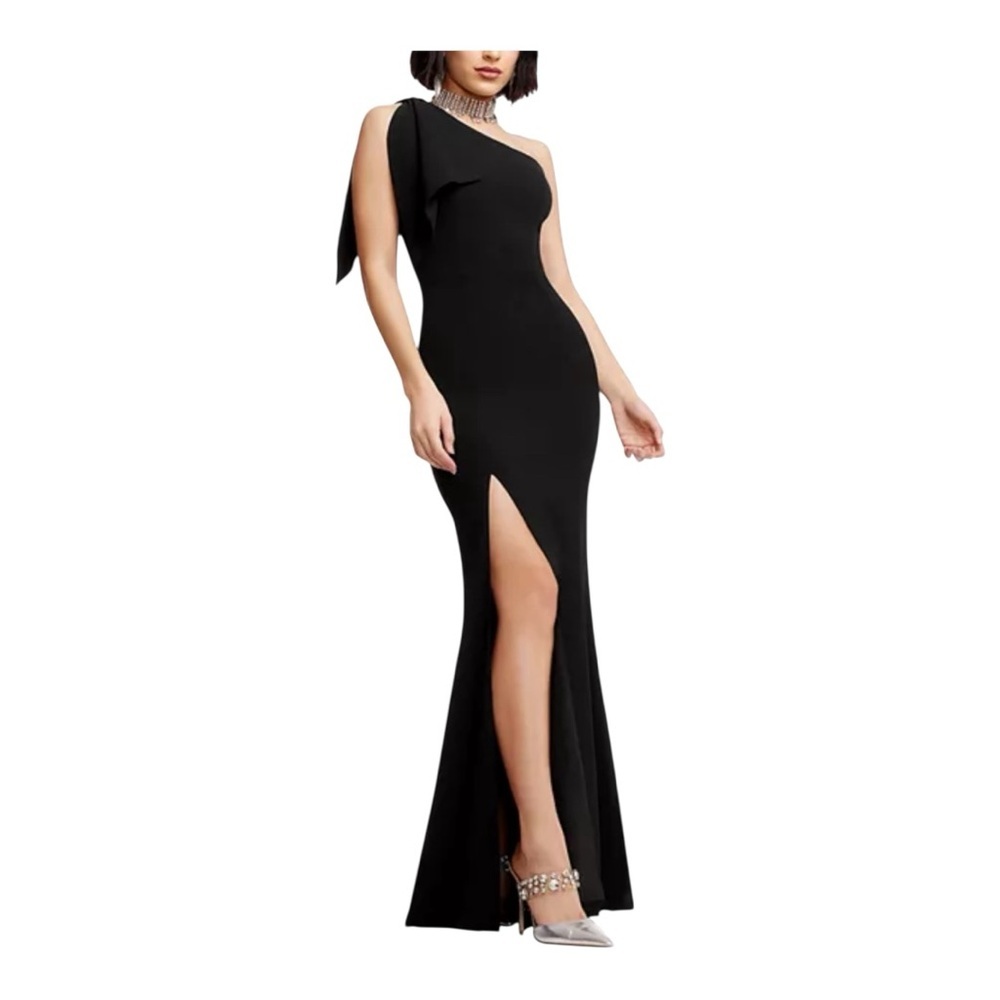Dress the Population Black One-Shoulder Evening Gown with Thigh Slit